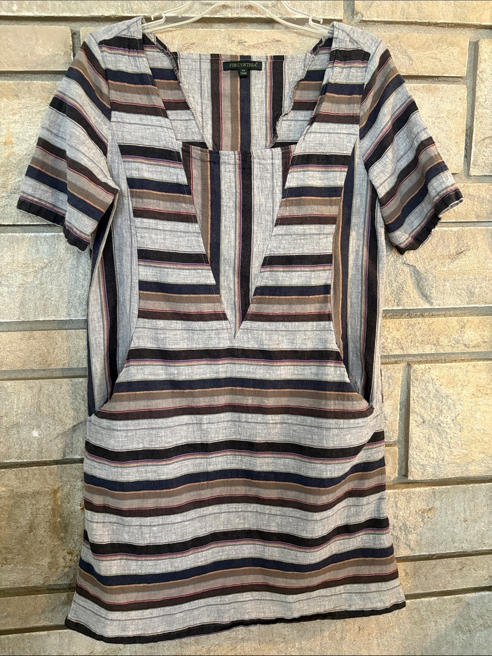 For Cynthia Striped Short Sleeve Linen Dress
